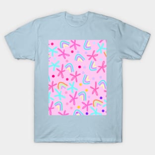 Rainbows and flowers on a pink background T-Shirt